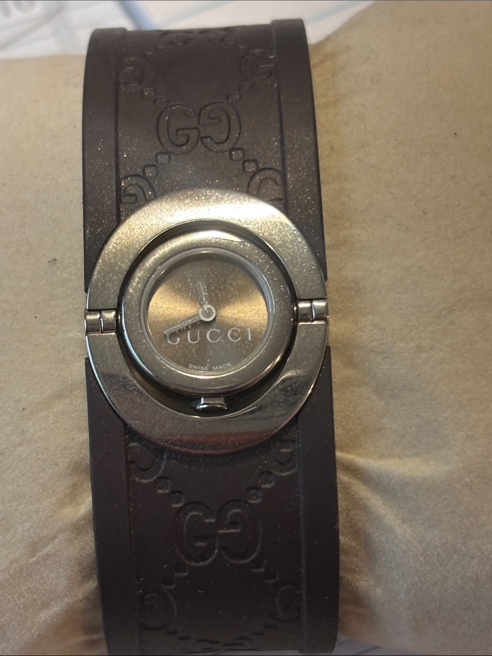 Gucci Brown Rubber GG Logo Bangle Watch with Silver Dial
